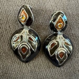 Don‎ Lin Vintage Enamel Dangle Earrings Clip Ons Art Nouveau-inspired Black